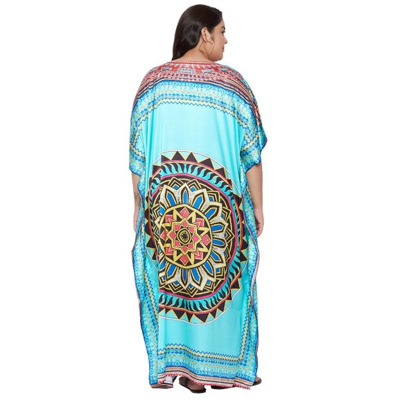 Women Plus Size Turquoise Satin Kaftan Maxi Dress Long Caftan by Gypsie Blu - Picture 6 of 8
